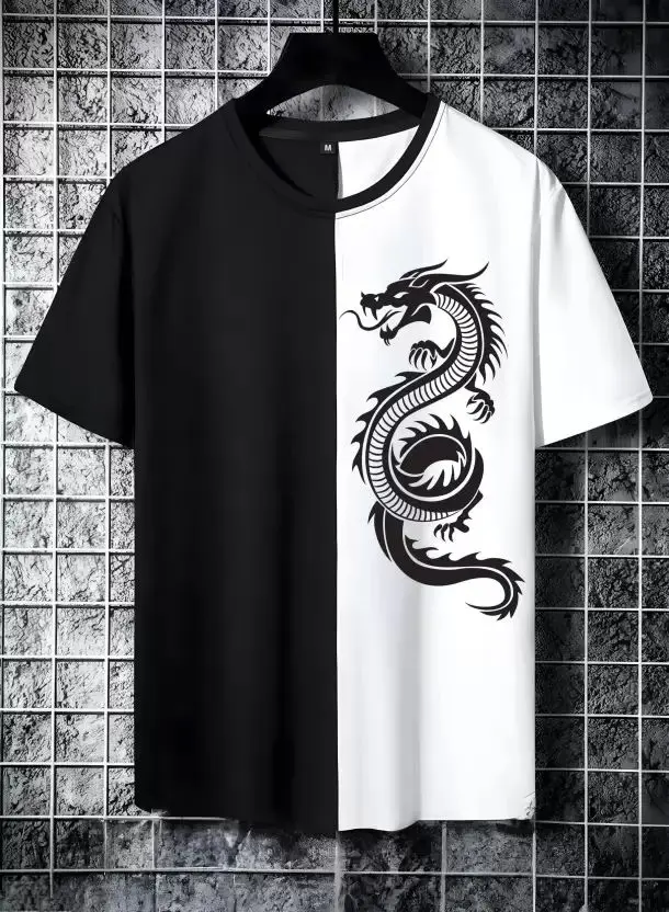 Men Colorblock Round Neck Polyester Black, White T-Shirt